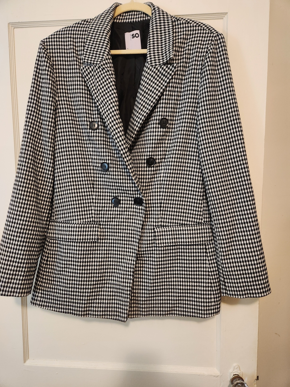 SO Black and White Houndstooth Double-Breasted Blazer